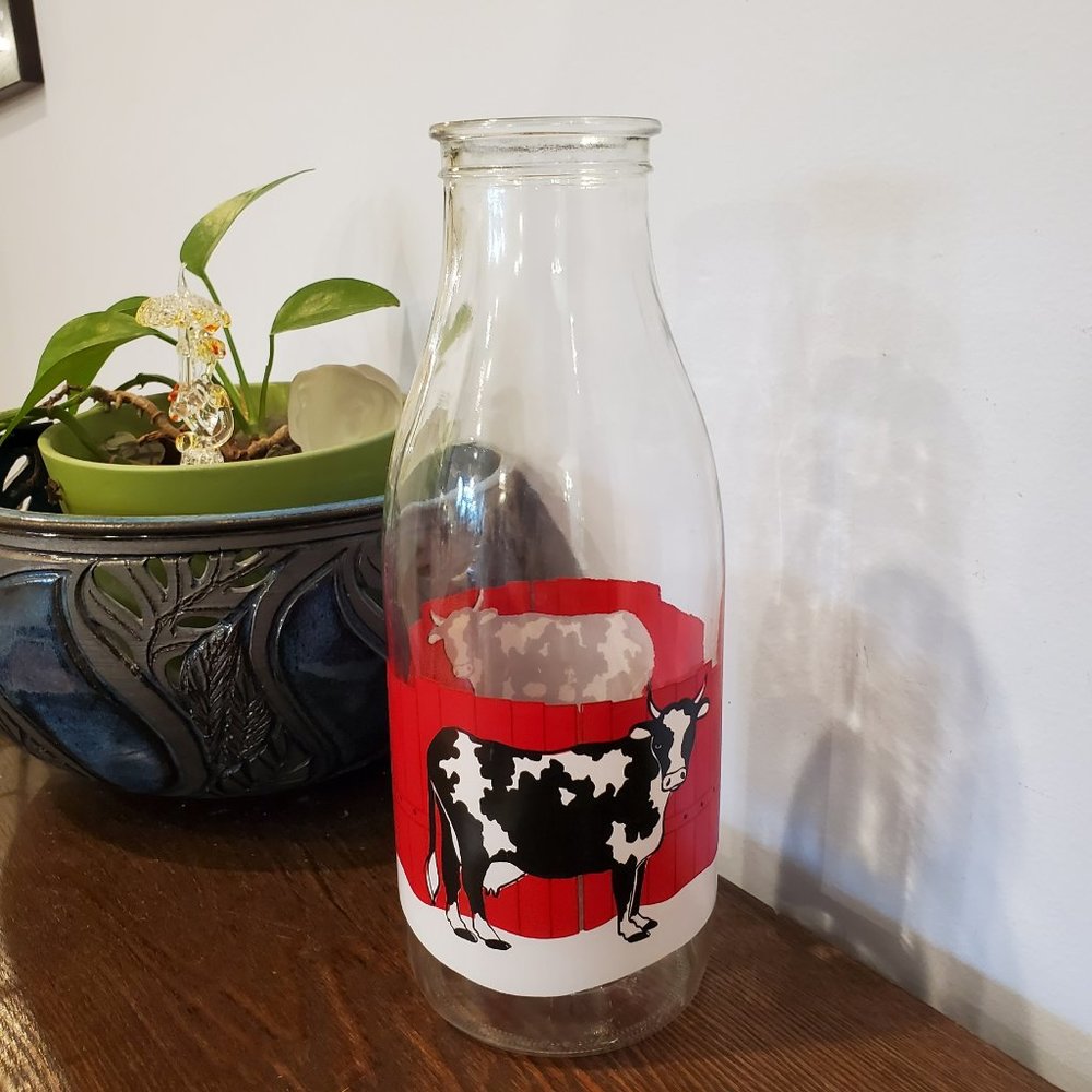 Vintage Le Parfait France Milk Jar Glass Bottle Farm Scene Cow Fence 9.5"